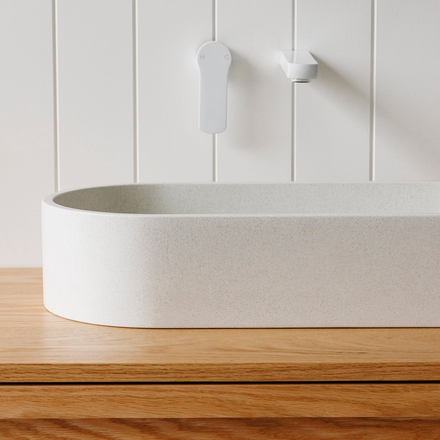 Oasis Concrete Capsule Vessel Basin in Sandy White Finish