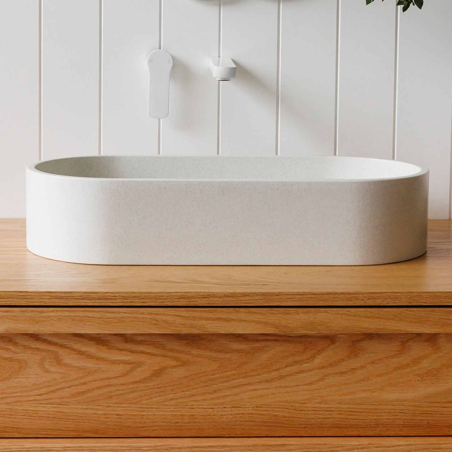 Oasis Concrete Capsule Vessel Basin in Sandy White Finish