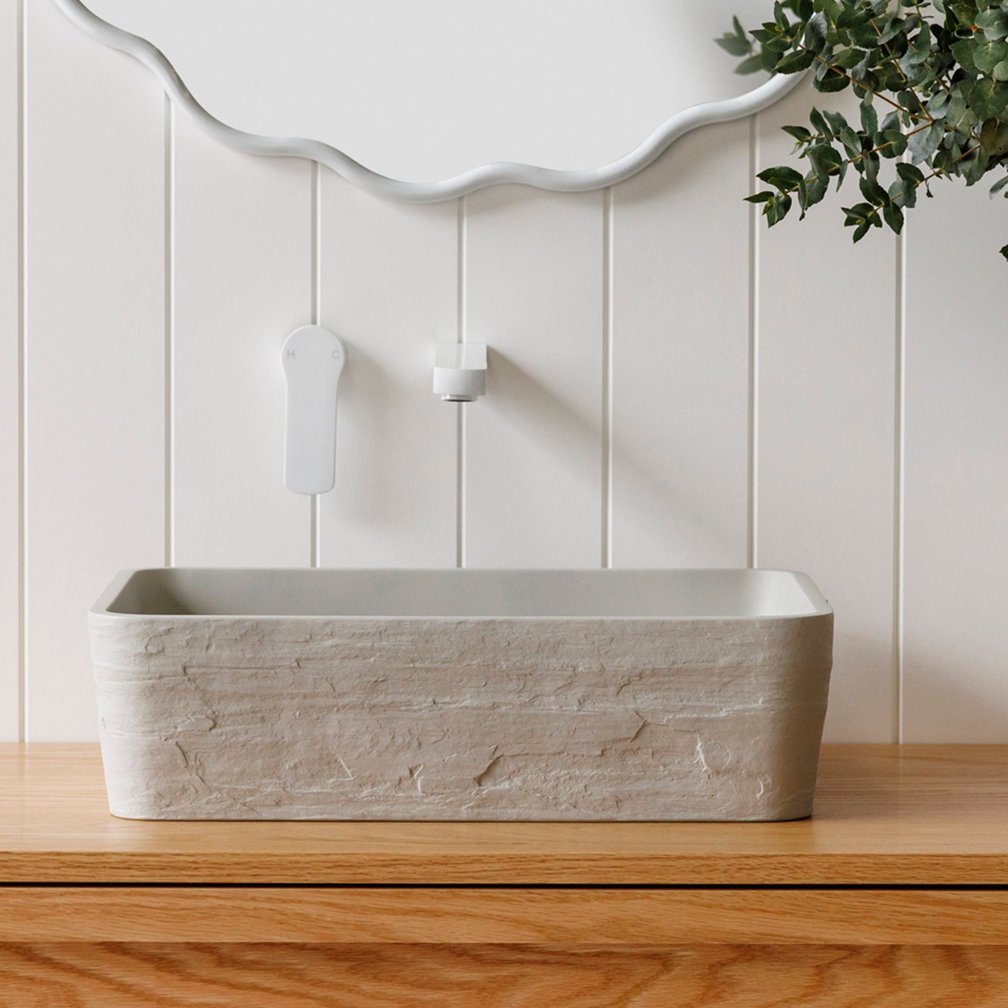 Ridge Rounded Rectangle Concrete Earth texture Vessel Basin in Light Grey