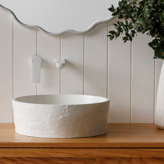 Terra Round Concrete 'Earth' texture Vessel Basin in Crisp White