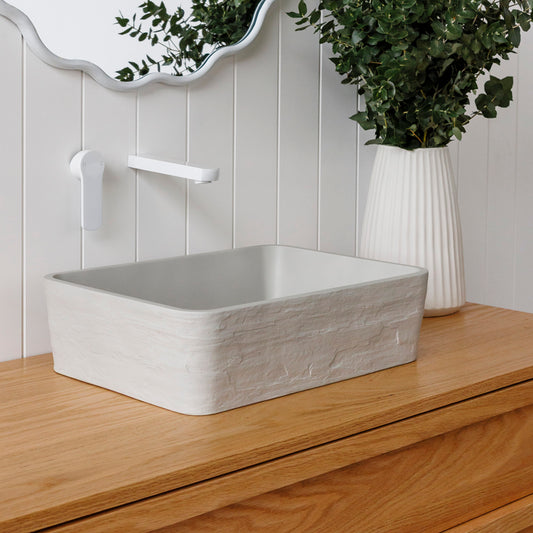 Ridge Rounded Rectangle Concrete Earth texture Vessel Basin in Light Grey